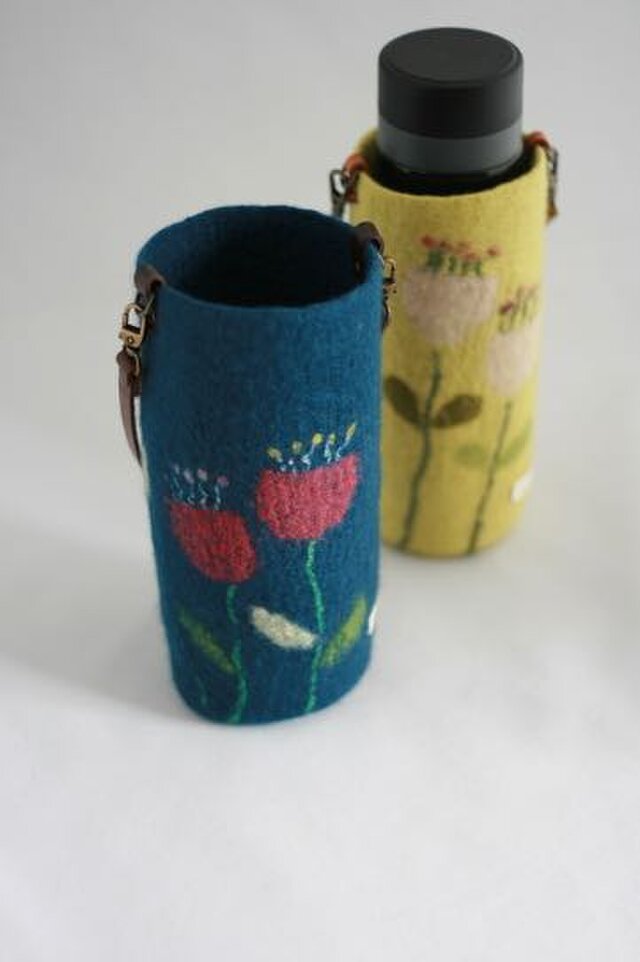 花・青色 フェルトのドリンクバッグ（水筒カバー）＊Lサイズ