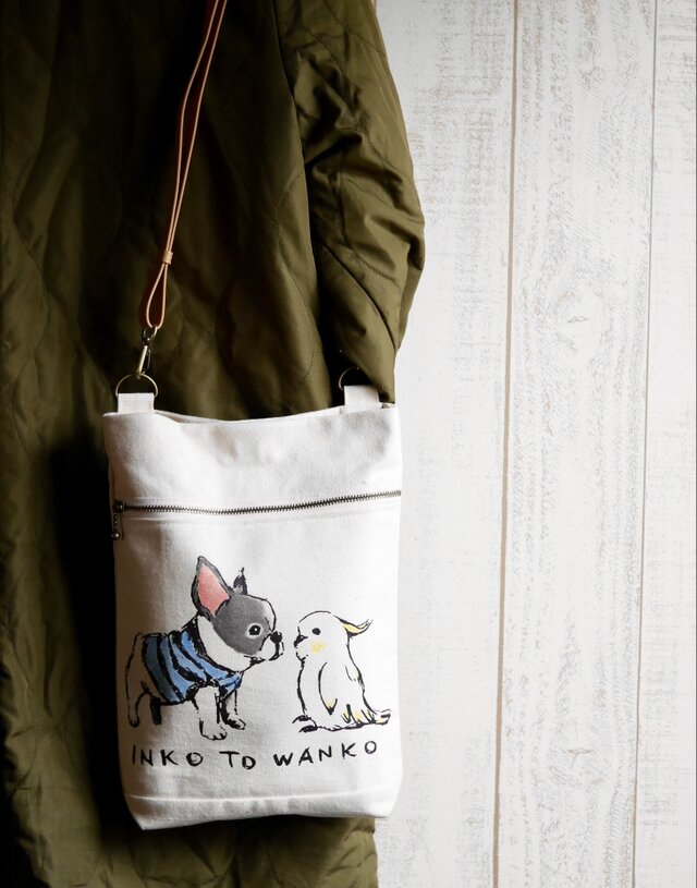 フレブルと白いオウムの帆布ショルダーバッグ