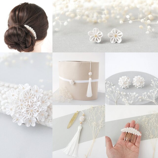 帯留め 「白桜」つまみ細工 白色 ゴールド 春の花 入学式 入園式