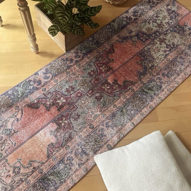 61×165 パッチワークランナーラグ コーラルピンク トルコヴィンテージ