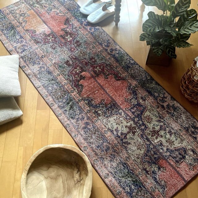 61×165 パッチワークランナーラグ コーラルピンク トルコヴィンテージ