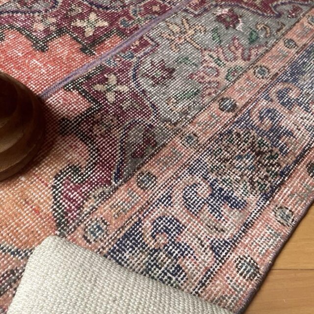 61×165 パッチワークランナーラグ コーラルピンク トルコヴィンテージ