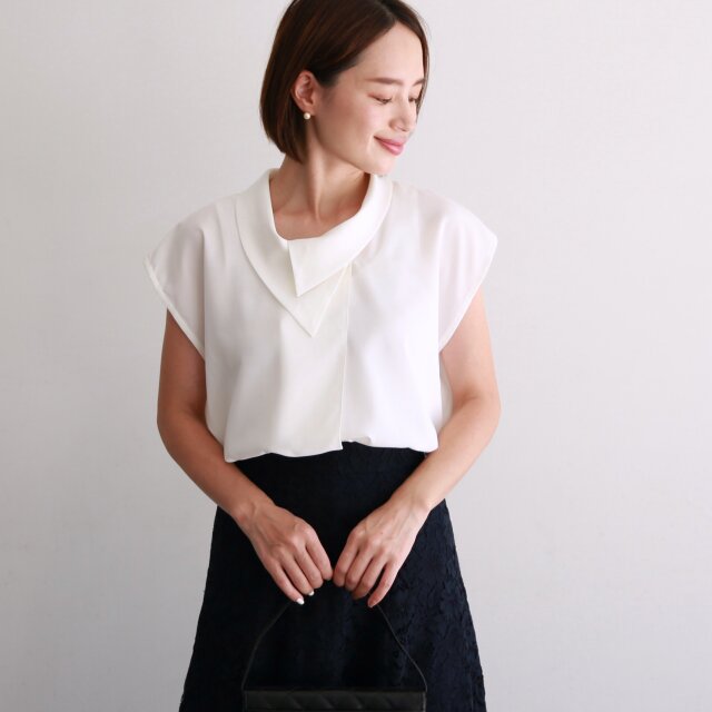 アシンメトリー襟 デザイン シフォン ブラウス ホワイト 0486WH