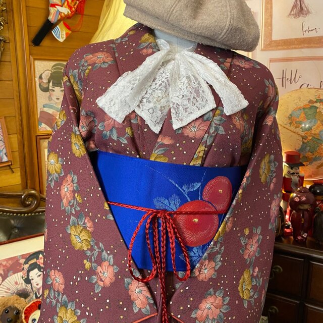 リメイク 着物ロングワンピース 化繊 名古屋帯ベルト付き 和洋
