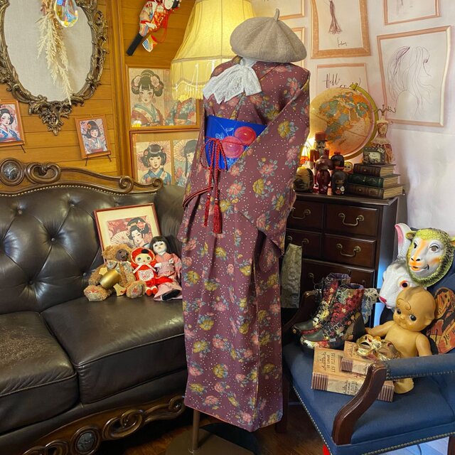 リメイク 着物ロングワンピース 化繊 名古屋帯ベルト付き 和洋