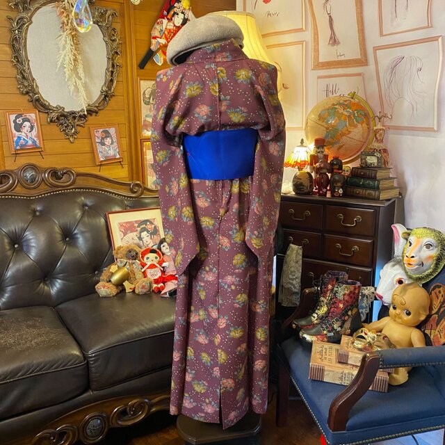 リメイク 着物ロングワンピース 化繊 名古屋帯ベルト付き 和洋折衷 ハ