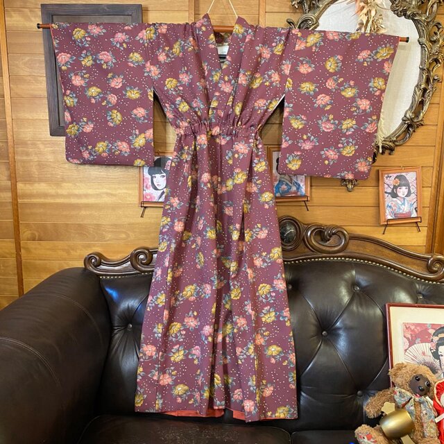リメイク 着物ロングワンピース 化繊 名古屋帯ベルト付き 和洋