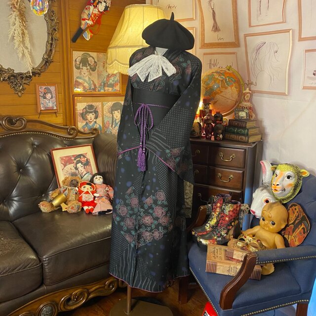 着物リメイク　ロングワンピース 和モダン 上質生地 ウエストリボン付き fit=scale-down,w=1200