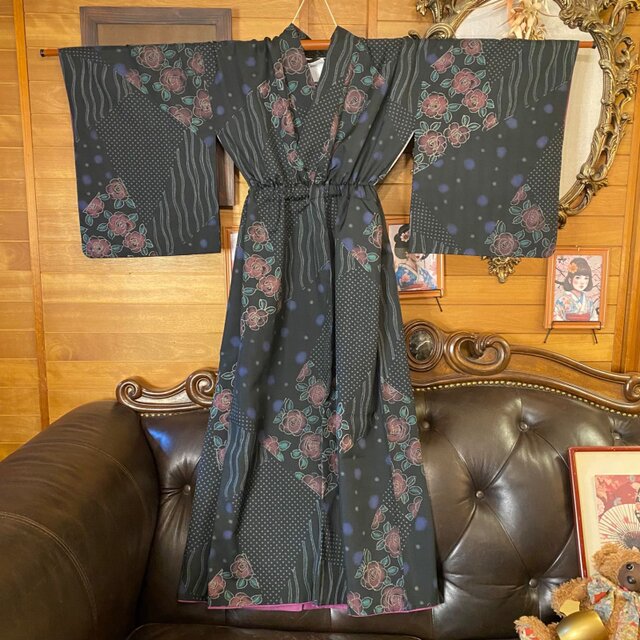 着物リメイクワンピース3459 和洋折衷 浴衣 リメイク ワンピース ドレス 帯サッシュベルト