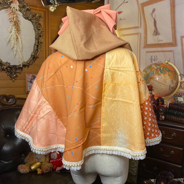 着物リメイクポンチョケープ 和装コート フード付き パールフリル