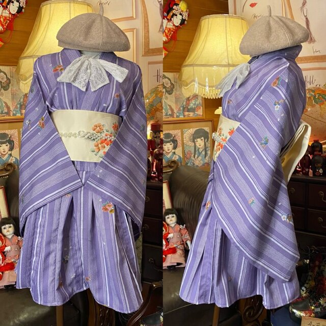 着物 ミニ丈 ワンピース ドレス 和ロリ 2部式作り帯 リメイク