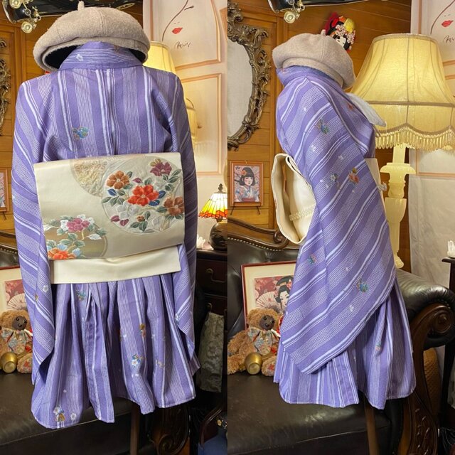 m*n様 着物生地リメイクワンピース 着物 ロング ワンピース リメイク 帯 和洋折衷 色無地×上品で