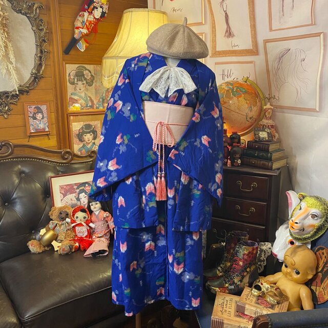 リメイク着物ワンピース アンサンブル 帯ベルト付き 和洋折衷 鮮やかな