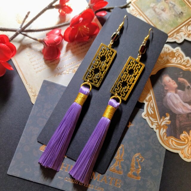 中華風透かしチャームとタッセルピアス（イヤリング）（薄紫）【チャイナ】【中華風】【華ロリ】【チャイナドレス】【和風】【和ゴス】