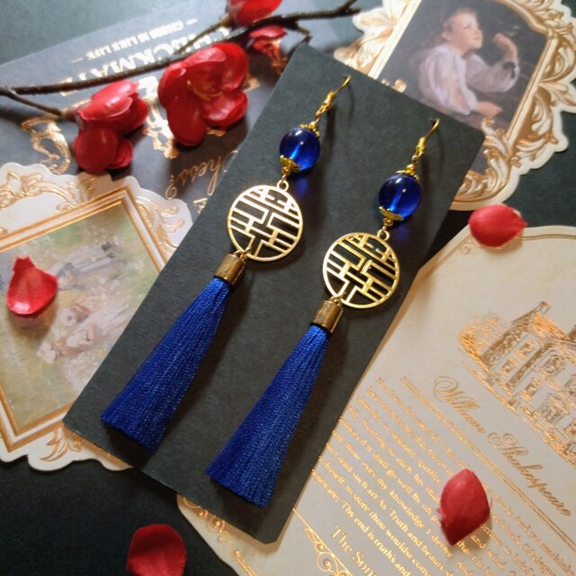 双喜紋とガラス玉のピアス（イヤリング）（青）【チャイナ】【中華風】【華ロリ】【チャイナドレス】【ダブルハピネス】