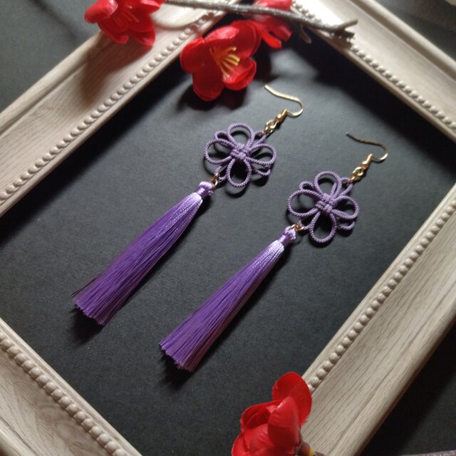 【和風】吉祥結びとタッセルのピアス（イヤリング）（薄紫）【チャイナ】【中華風】【着物】【袴】【浴衣】【成人式】【卒業式