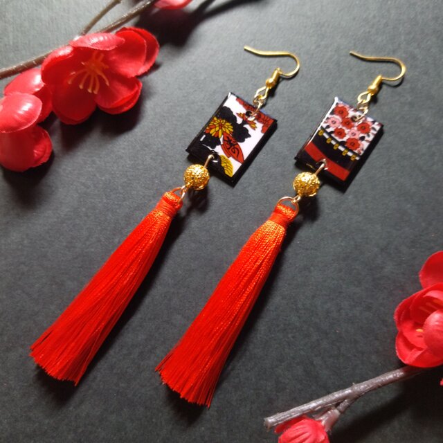【和風】花札&タッセルピアス（イヤリング）（花見で一杯）【着物】【浴衣】【袴】【成人式】【卒業式】【和ゴス】【桜】【さくら】