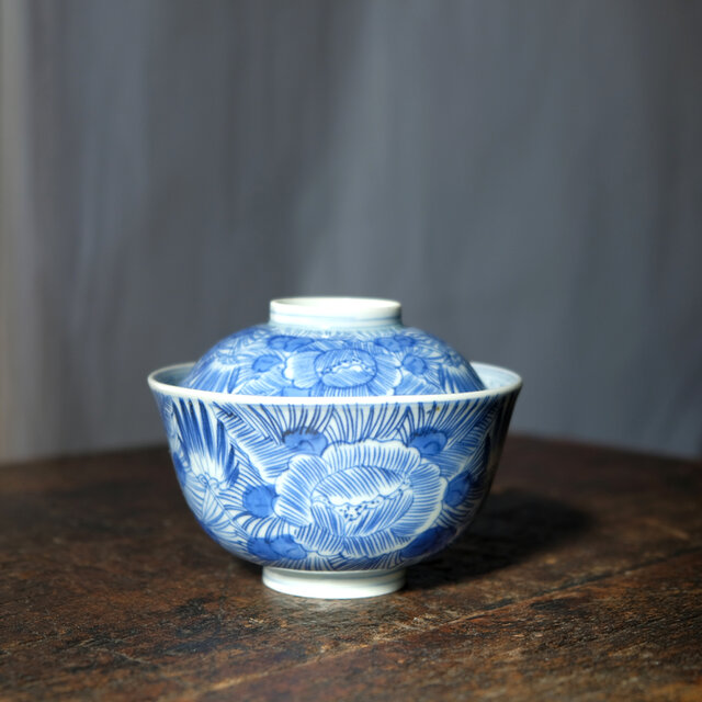 線描きで素敵◆伊万里　花文線描き染付蓋付碗　antiques/骨董　丁寧な暮らし　古民家　江戸期