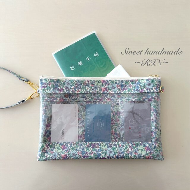 A5対応◎ 母子手帳・血圧手帳・お薬手帳収納に＊透明窓付きダブルファスナーポーチ(FORGET ME NOT - blue)