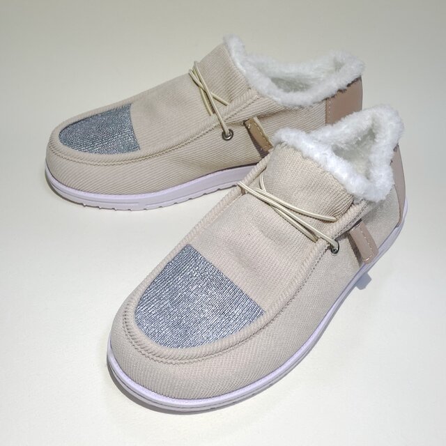 軽量！コーデュロイ配色ボアスリッポン(ベージュ ×シルバー)23.0cm〜26.5cm