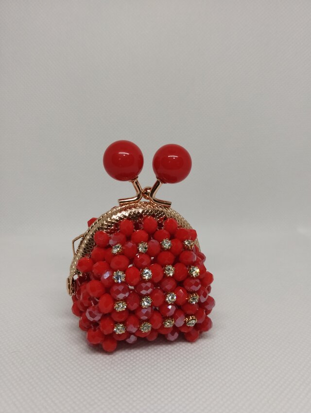 6✿ビーズがま口☆コインケース☆レッド×ゴ—ルドストーン