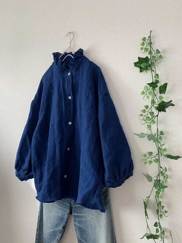 M size リネン首元フリルブラウス