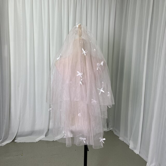 ショートベール 可愛い ピンク リボン ソフトチュール コーム付き 花嫁/ウェディングドレス