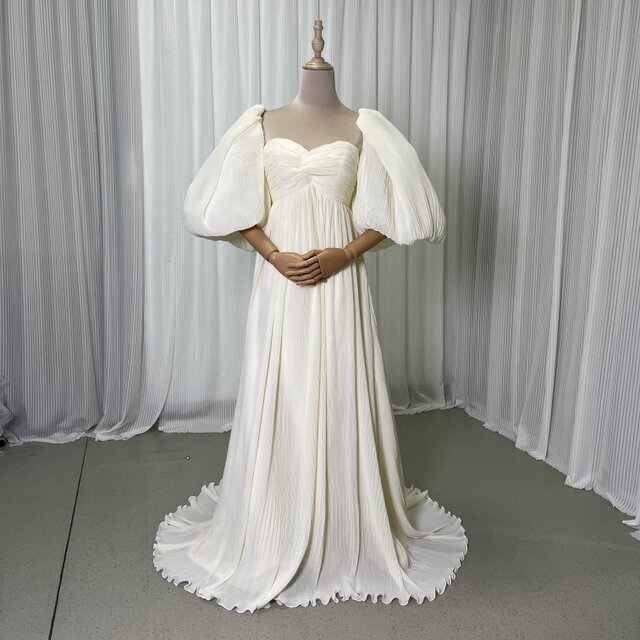 パーティードレス ベージュ パフスリーブ プリーツドレス ふんわりシフォン ファスナー 前撮り