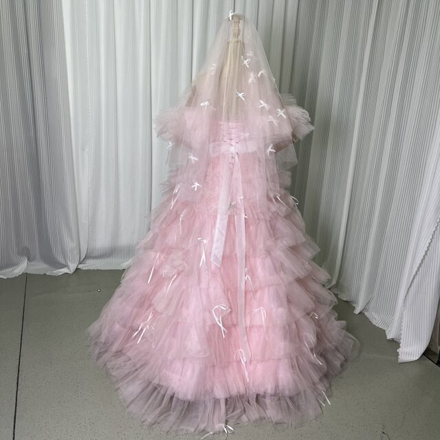 カラードレス ピンク リボン ショートベール 可愛い オフショルダー