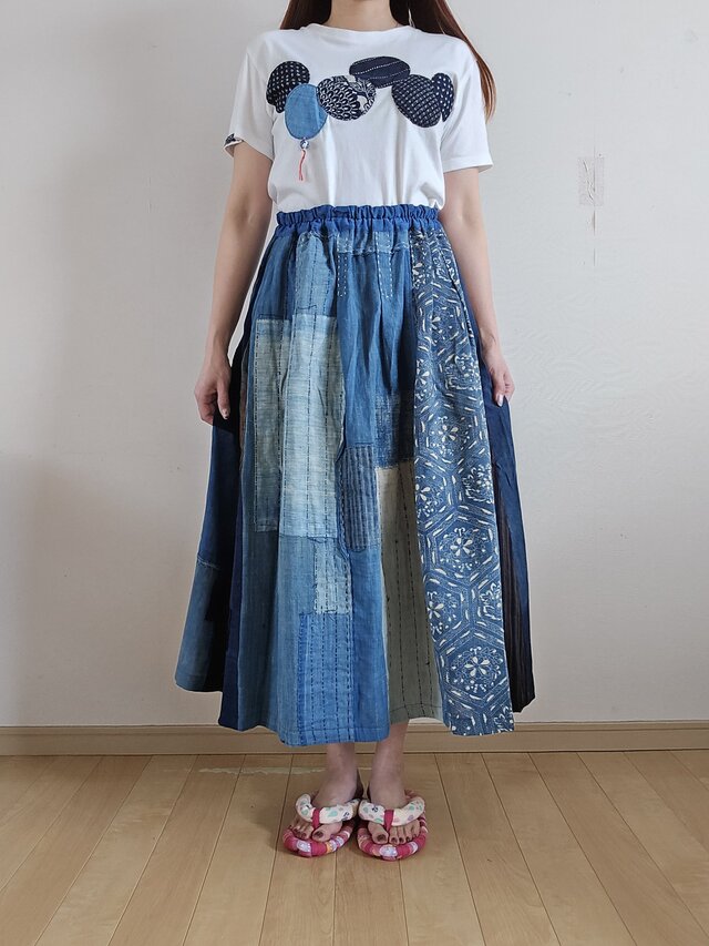 古布　リメイク　手作り　BORO 襤褸 パッチワーク　スカート