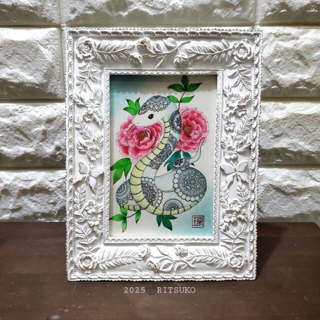 原画　蛇　干支　動物画　絵画　アクリル画　現代アート　細密画　一点物　手描き 原画 蛇 干支 動物画 絵画 アクリル画 現代アート 細密画 一点物