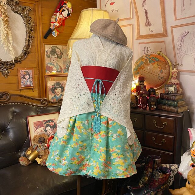 和ロリ 着物 浴衣 ミニ丈 ワンピース ドレス 帯サッシュベルト