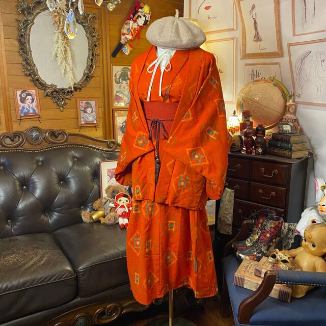 リメイク着物ワンピース セミロング アンサンブル 帯 和洋折衷 鮮やか