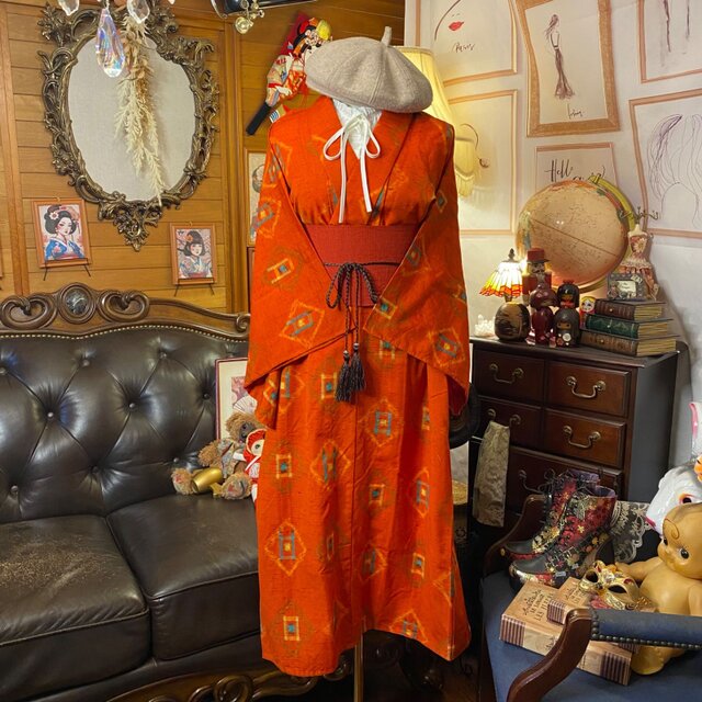 着物リメイクワンピース3577 長襦袢 着物 ハンドメイド リメイク ワンピース ドレス 和洋折衷