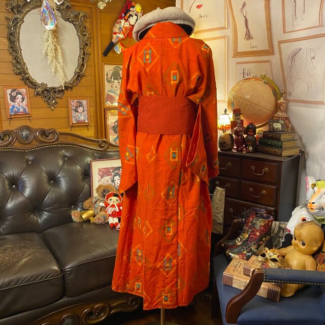 リメイク着物ワンピース セミロング アンサンブル 帯 和洋折衷 鮮やか