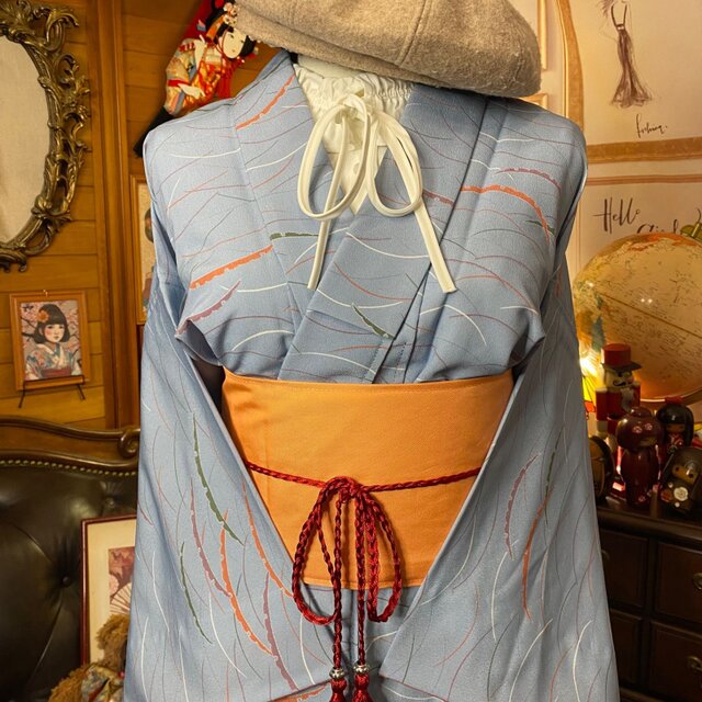 着物リメイクワンピース3674 着物 ワンピース リメイク 化繊 洗える 帯 和洋折衷 柔らかな春風が