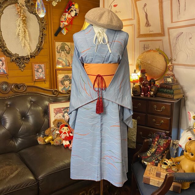 着物 ワンピース リメイク 化繊 洗える 帯 和洋折衷 柔らかな春風が