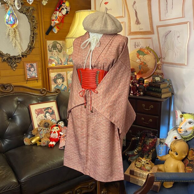 着物リメイクセットアップ ツーピース 2部式 和洋折衷 柔らかな紅褐色