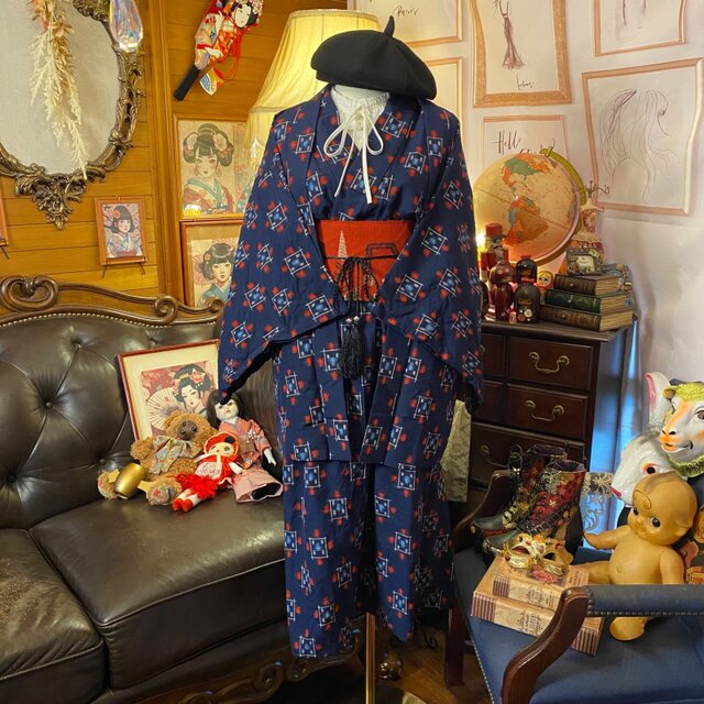 m*n様 着物生地リメイクワンピース リメイク着物ワンピース セミロング アンサンブル 名古屋帯 和洋