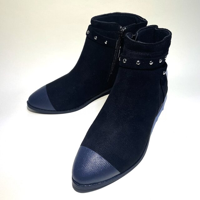 ◆丸スタッズ付きベルトがポイント◆バイカラーサイドジップブーツ(Wブラック)