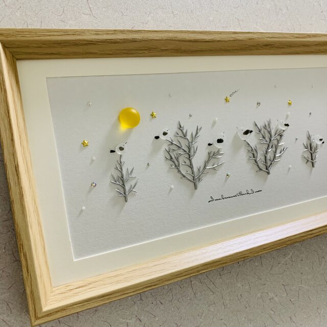 シーグラスアートシマエナガ家族アート  ガラス細工 海の宝石 インテリア雑貨 観葉植物 北欧 贈り物 クリスマスプレゼント