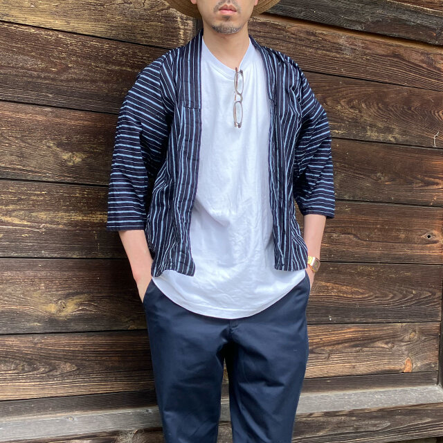 【シンプルな藍染縞模様が素敵な野良着】木綿 リメイク素材 ジャパンヴィンテージ 昭和レトロ