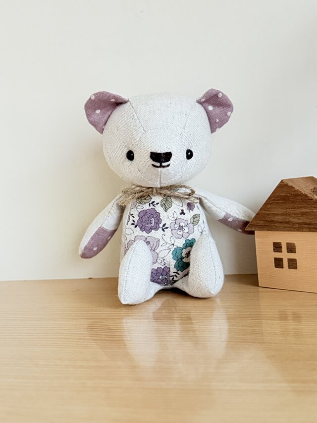 【受注制作】リネンのくまちゃん（YUWAフラワー・パープル）