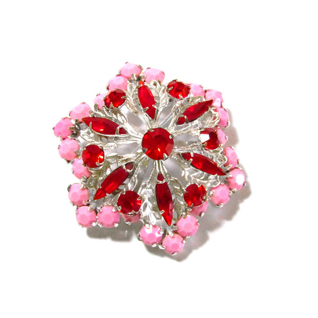 50s Vintage Matt Pink × Red Rhinestone Flower Motif Brooch
