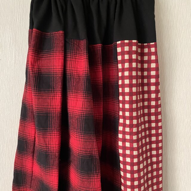 パッチワーク水玉チェックサルエルパンツ 1点物黒赤白F | iichi 日々