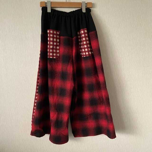 パッチワーク水玉チェックサルエルパンツ 1点物黒赤白F