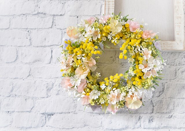 春の夢 ミモザと桜のリース：ミモザ 桜 さくら スイトピー ピンク 黄色