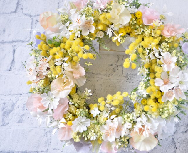 春を呼ぶミモザリース　桜色 春の夢 ミモザと桜のリース：ミモザ 桜 さくら スイトピー