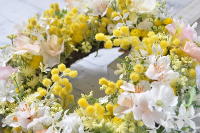 春の夢 ミモザと桜のリース：ミモザ 桜 さくら スイトピー ピンク 黄色