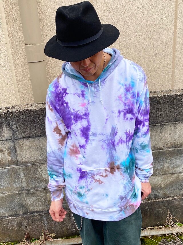 タイダイ染め プルオーバー フーディ XXLサイズ パープル×グリーン×ブラウン HD23-21